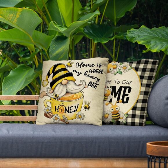 Yellow Bumble Bee Happy Gnome Decorative Throw Pillow Cover 20x20 Set of 4, Fall - Picture 2 of 7